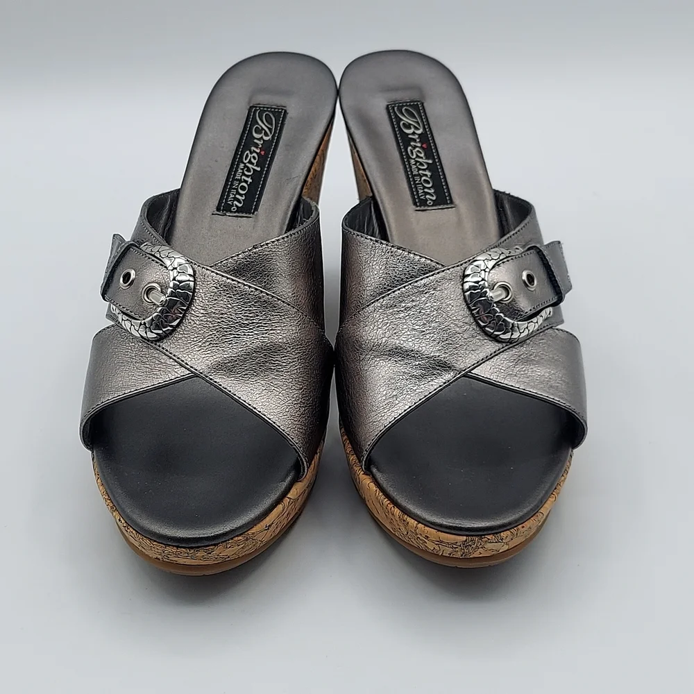 Brighton Summer Made In Italy Platfrom Cork Wedge Heel Sandals Pewter Women's 7